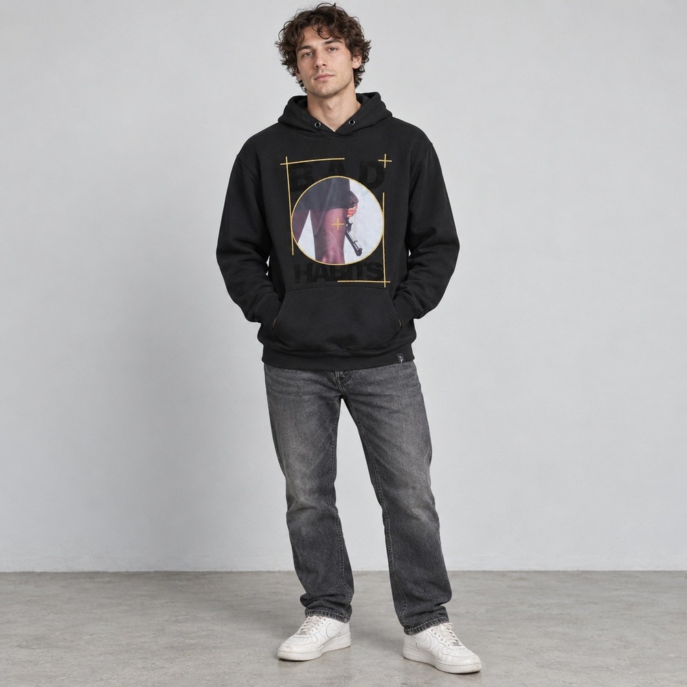 Roku Studio Bad Habits Hoodie Men's M Black Gold Graphic Streetwear Pullover
